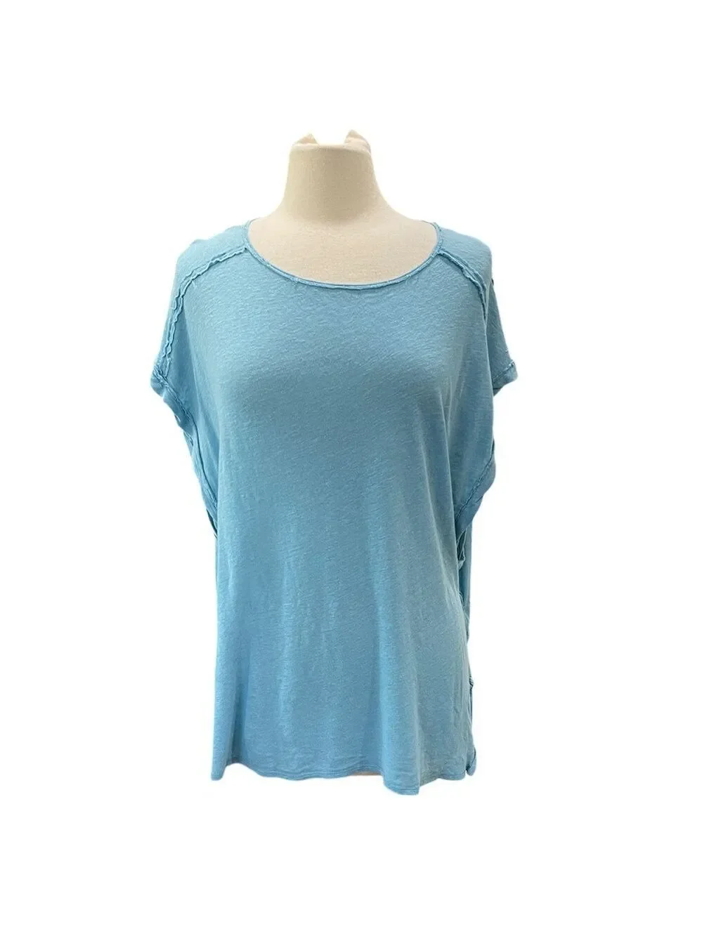 Free People Linen Blend Distressed Oversized Muscle T Shirt SZ S Blue
